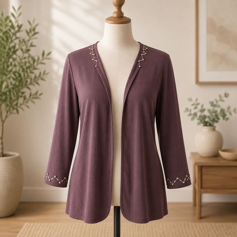 Finity Cardigan Sweater Womens Large‎ Brown Ribbed Beaded Open Front 3/4 Sleeve